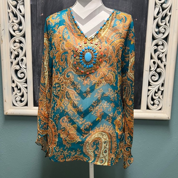 Silk Threads Tops - Silk Threads Sheer Boho Beaded Tunic top